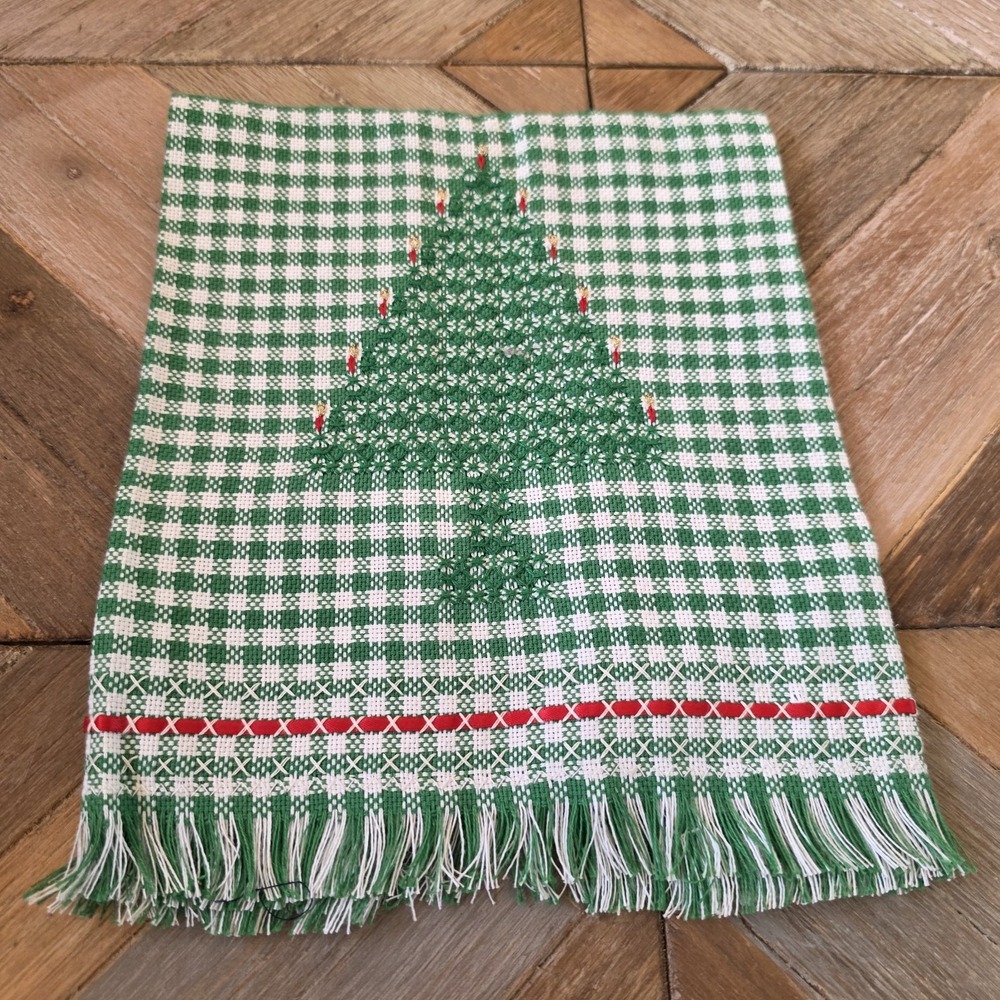 Christmas Tree Towel Green White Gingham Check Holiday Decor Table Needlepoint‎